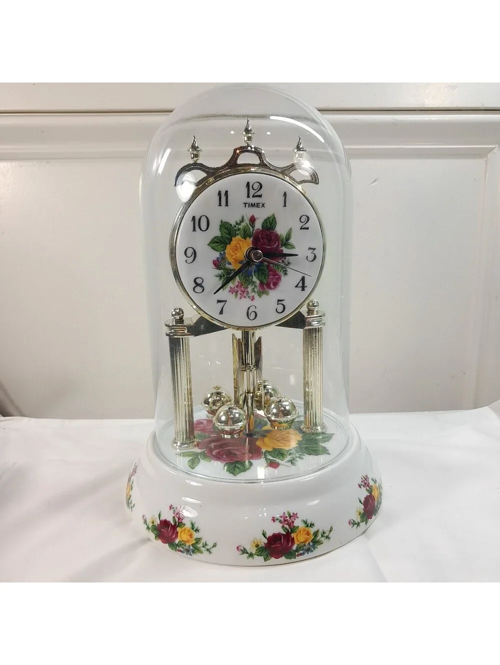 Timex Country Rose Anniversary Clock Glass Globe Mantle flowers floral READ